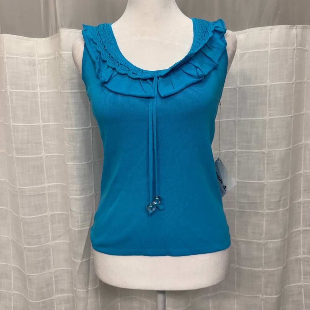 Joseph A Womens Blue Ruffle Crochet Neck Sleeveless Knit Sweater Top New NWT